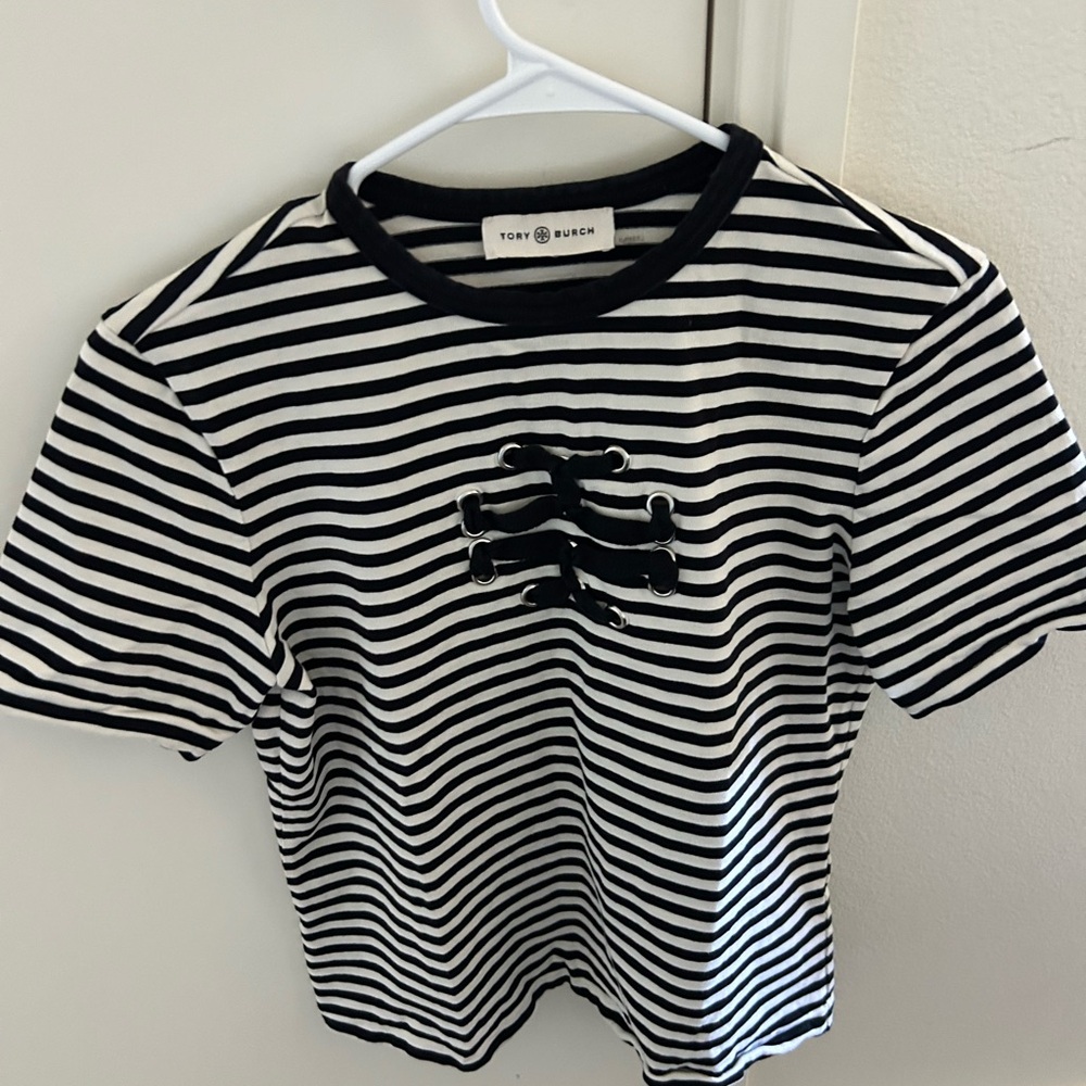 Tory Burch Black and White Striped Short Sleeve Tee